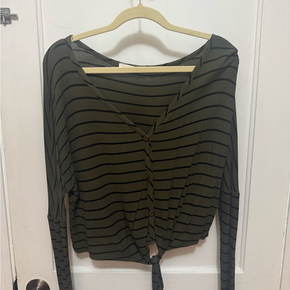 Striped Olive Green Button-Up Top